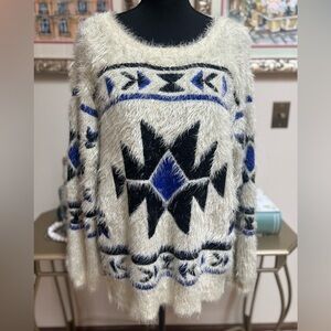 STACCATO AZTEC PRINT BLUE & CREAM FUZZY KNIT OVERSIZED PULLOVER SWEATER SIZE L